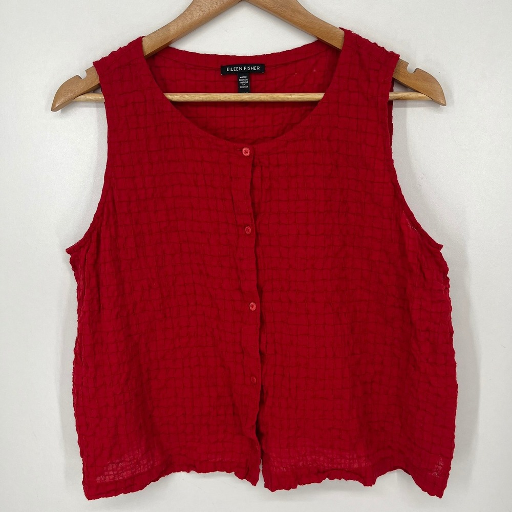 Eileen Fisher Red Textured Sleeveless Button Front Top Womens M Organic Cotton
